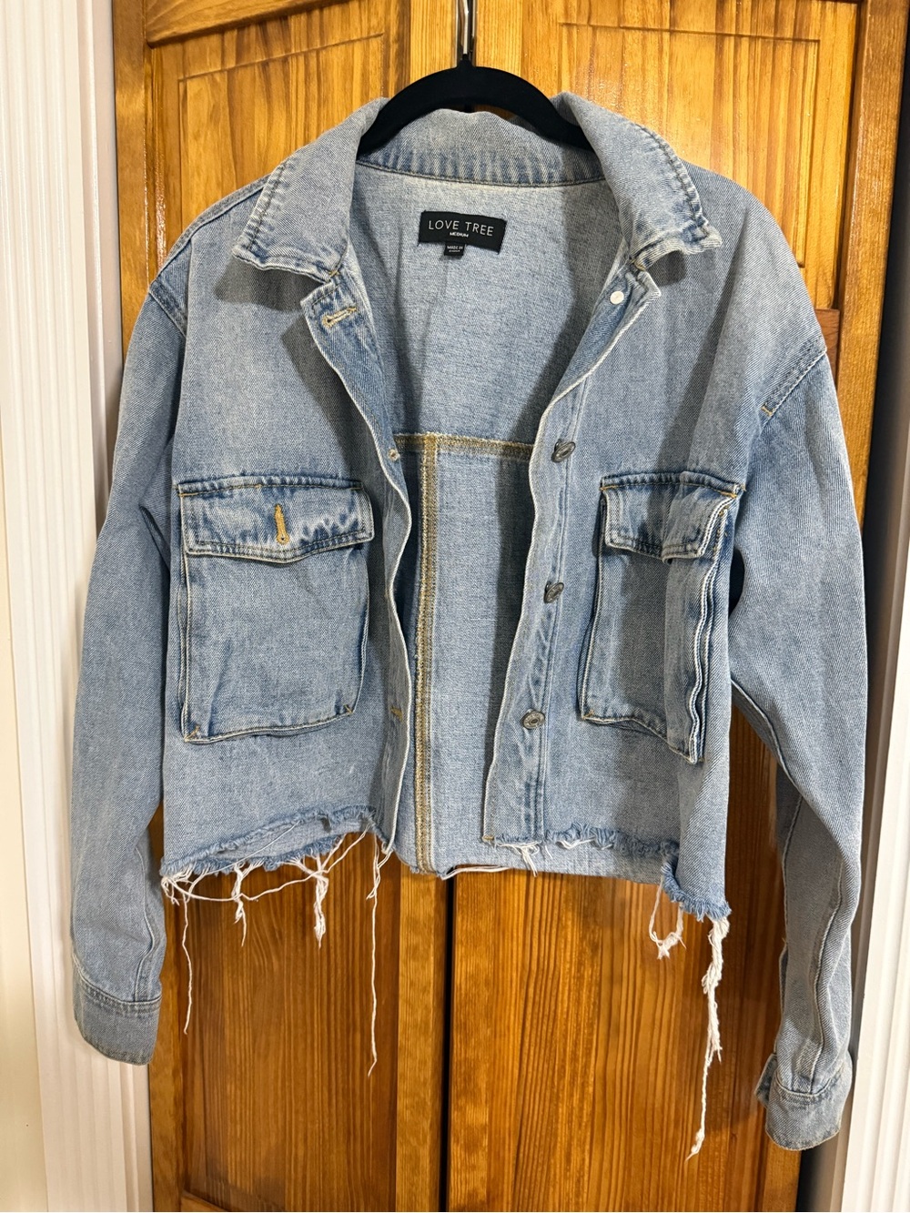 Love Tree Light Blue Cropped Distressed Denim Jacket